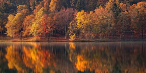 tranquil lake reflecting autumn trees