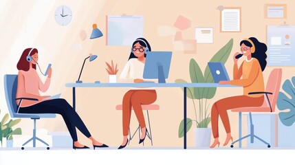 Three women working in office on laptops and phones. Modern business communication and teamwork.