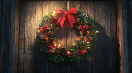 A beautifully decorated Christmas wreath with a red bow, golden bells, pinecones, and berries, creating a warm holiday atmosphere.