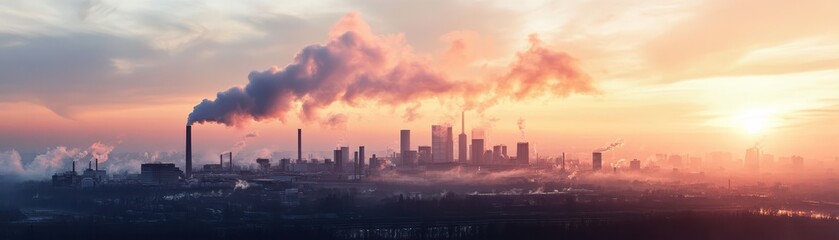 Fototapeta premium Industrial Skyline at Sunset with Smokestacks and City Buildings in the Background