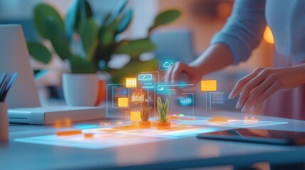 Person interacting with futuristic holographic interface on a desk. Innovative technology in workspace.