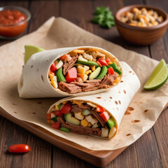 Burrito with vegetables and meat in a section