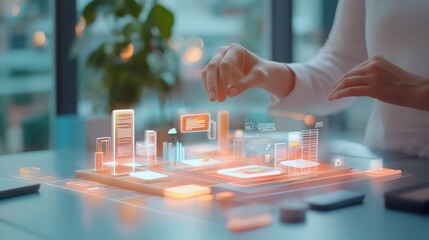 Person interacting with futuristic holographic interface on a desk. Innovative technology in workspace.
