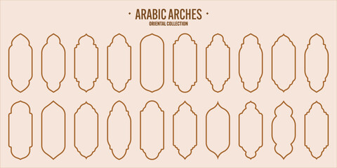 Islamic frames, oriental style objects. Arabic shapes, windows and arches. Traditional ornamental banner, frame. Muslim holidays, Ramadan Kareem. Modern eastern architecture. Vector illustration