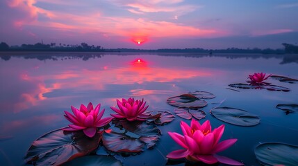 At dusk lovely rose lily blooms grow on a calm lake