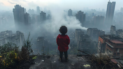 A lone figure stands on a rooftop overlooking a dense cityscape shrouded in fog and smoke.
