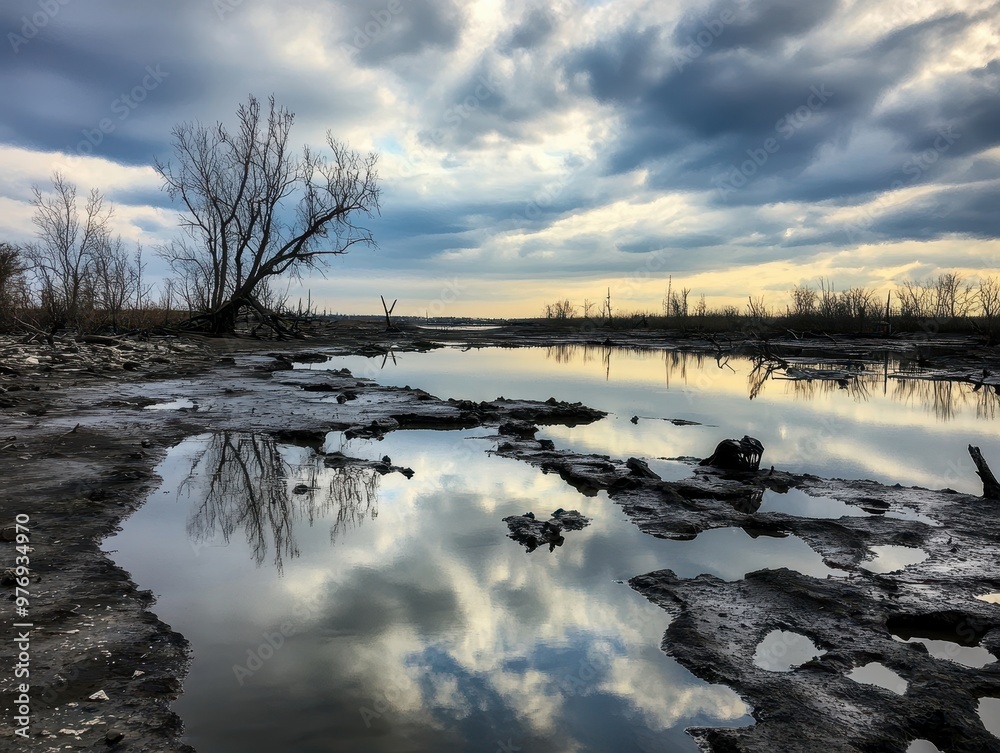 Wall mural Dramatic Cloudy Sky Reflected in Calm Water of a Serene Wetland Landscape at Dusk