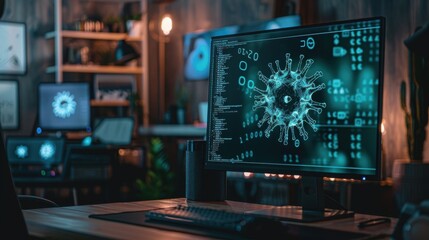 A desktop monitor displaying an email inbox with a critical spam virus alert. The background features a subtle representation of a virus in binary code. 