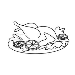 Vector drawing. Holiday Roast Turkey. Thanksgiving dish with lemon wedges. Design element on a white background. Doodle
