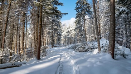 Snow-covered trail through woods