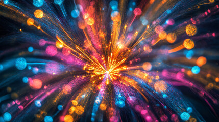 Fototapeta premium A dynamic burst of blue and orange light beams, creating a vibrant, abstract display of motion and energy.