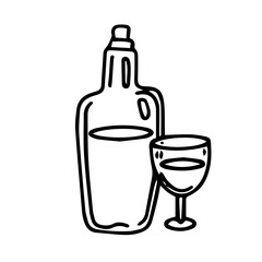 Vector, contour drawing of a bottle with a glass. Design element. doodle