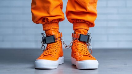 Modern Parole Tracking - Close-up of Prisoner with Electronic Ankle Monitor | Copy Space for Text