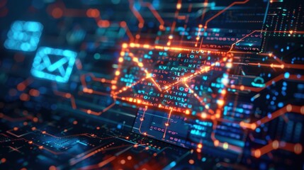 A dynamic email technology icon with an envelope and digital circuits, prominently displayed on a digital interface. The background showcases a sleek, modern workspace 