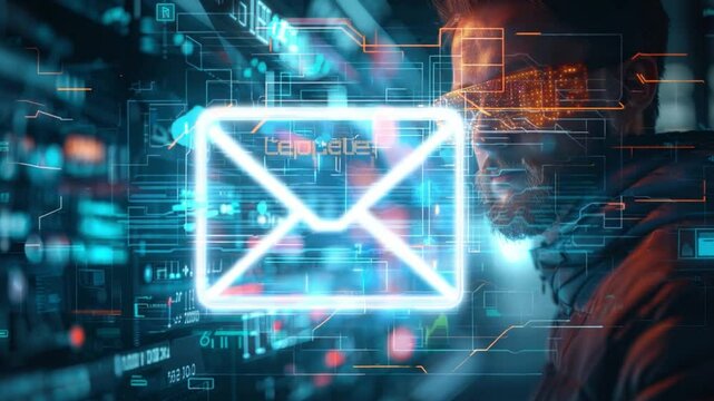 An urgent email security protection alert pops up on a sleek email interface. The background shows a tech-savvy user in a high-tech environment. 