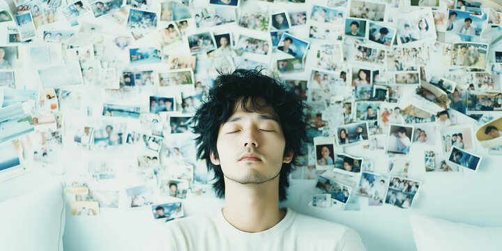 思い出す人生の記憶、壁に貼られた沢山インスタント写真と男性