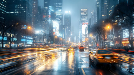 A long exposure shot of a busy city street at night with rain and traffic. The tall buildings are illuminated with bright lights and there are billboards in the distance.