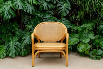 Obraz premium Bamboo chair with organic curves, positioned in a sustainable, nature-inspired interior surrounded by greenery, bamboo chair, sustainable interior decor