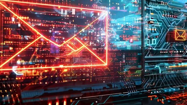 A close-up of an email interface showing multiple junk mail messages, with a prominent alert indicating compromised personal information. The background is a modern office.