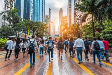 Crowded City Street People Walking in a Busy Urban Business District During Rush Hour