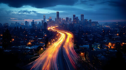 A long exposure shot of a highway leading to a cityscape with a dramatic sky.
