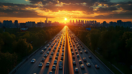 A long highway with cars driving towards the city skyline at sunset.