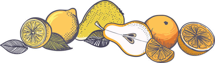 Composition of various fruits made in pop art technique on a transparent background. Flat digital illustration in modern style for branding, advertising, posters