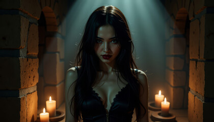 Fototapeta premium A mysterious figure stands in candlelight, exuding an aura of intrigue and allure in a dark, atmospheric setting.