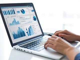 Businesswoman reviewing quality control reports on a laptop, workplace setting, pure white background
