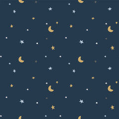 Gold and blue Stars and Moons Seamless Pattern on a dark blue background. Cute baby pattern