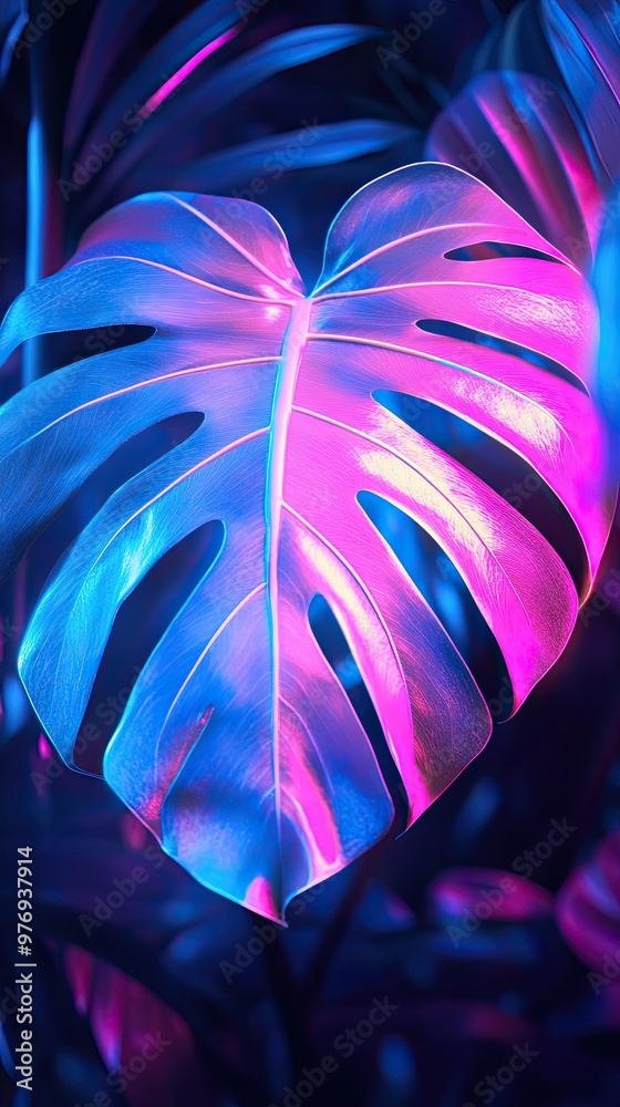 Wall mural vibrant monstera leaf illuminated with neon colors, creating a mesmerizing effect and enhancing trop