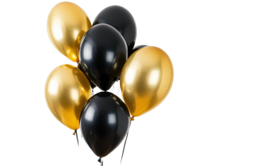 Gold and black colored balloons on transparent background, png	
