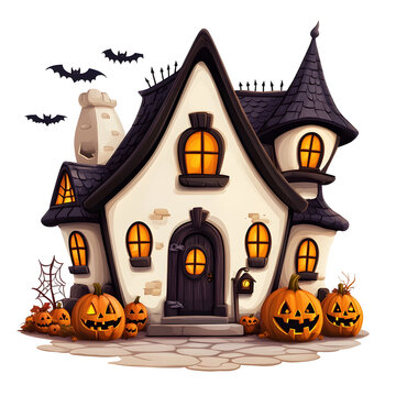 spooky halloween house with pumpkins and bats clip art preview