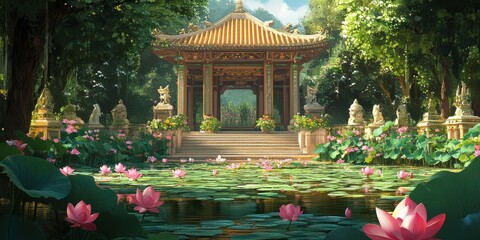 lotus pond at a temple entrance 