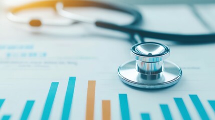 A close-up of a stethoscope resting on a financial report, symbolizing the intersection of healthcare and analytics.