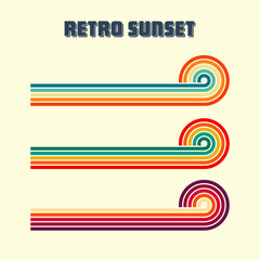 Horizontal vintage sunsets. Various colorful striped sunrise badges in 80s and 90s style. Sun and ocean view, summer vibes, surfing. Design element, print, logo or t-shirt. Vector illustration