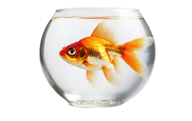 Gold fish in a fish bowl on transparent background, png	
