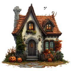 Fototapeta premium Cozy Abandoned Cottage with Autumn Pumpkins and Halloween Decor in Cartoon Style