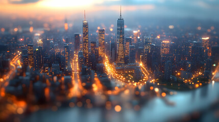 Fototapeta premium A miniature-like aerial view of a city skyline at dusk with buildings lit up by streetlights and glowing with warm colors, creating a magical and surreal atmosphere.