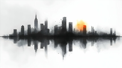 Naklejka premium A minimalist black and white illustration of a city skyline with a stylized orange sun rising above. The skyline is reflected in a hazy, watery surface.