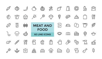 Meat and food Editable Icons collections, Vector illustration in modern thin line style of food related icons: chicken, octopus, beef, and more. Outline icons collection. Simple and editable vector il