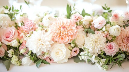 A beautiful floral centerpiece with pink and white roses, dahlias, and greenery.