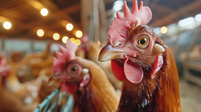 Chickens in climate-controlled coops, with sensors monitoring their health and environment.