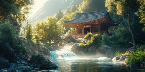 peaceful temple by a flowing river 