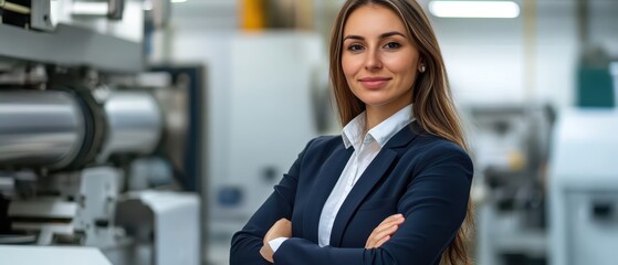 Fototapeta premium Businesswoman with crossed arms, standing in front of machinery, quality control and assurance concept, white background