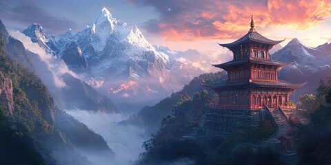 Obraz premium peaceful temple surrounded by mountains 
