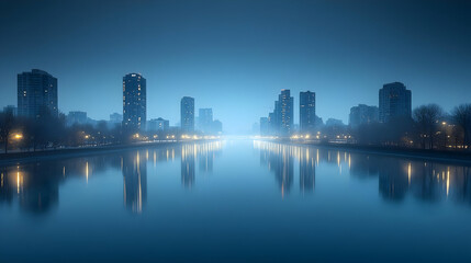 Naklejka premium A misty cityscape with a reflection of skyscrapers in a river at dusk.