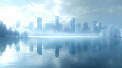 Obraz premium A misty cityscape with skyscrapers reflecting in a calm lake, bathed in the soft glow of the morning sun.
