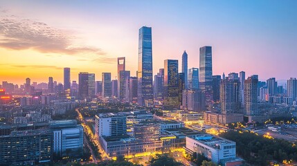 Fototapeta premium A panoramic view of a modern city skyline at dusk.