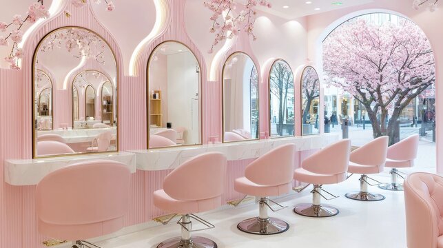 Pink Salon Interior with Cherry Blossoms and Modern Styling Chairs